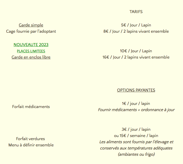 Tarifs de la pension NACS lapins